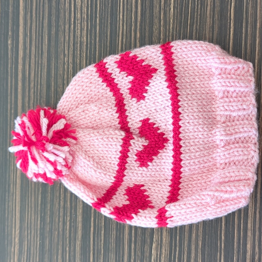 Baby knitted pink with red hearts hat - perfect for photoshoots